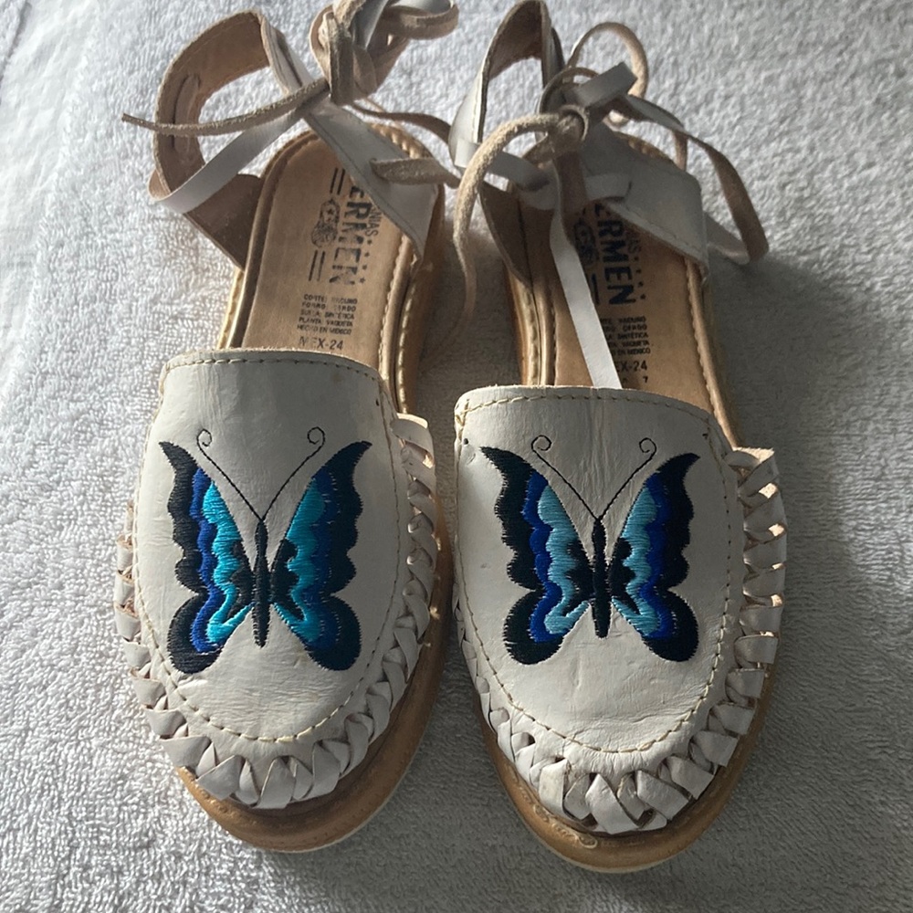 Mexican Handmade Butterfly White Leather “Guarache” Sandal